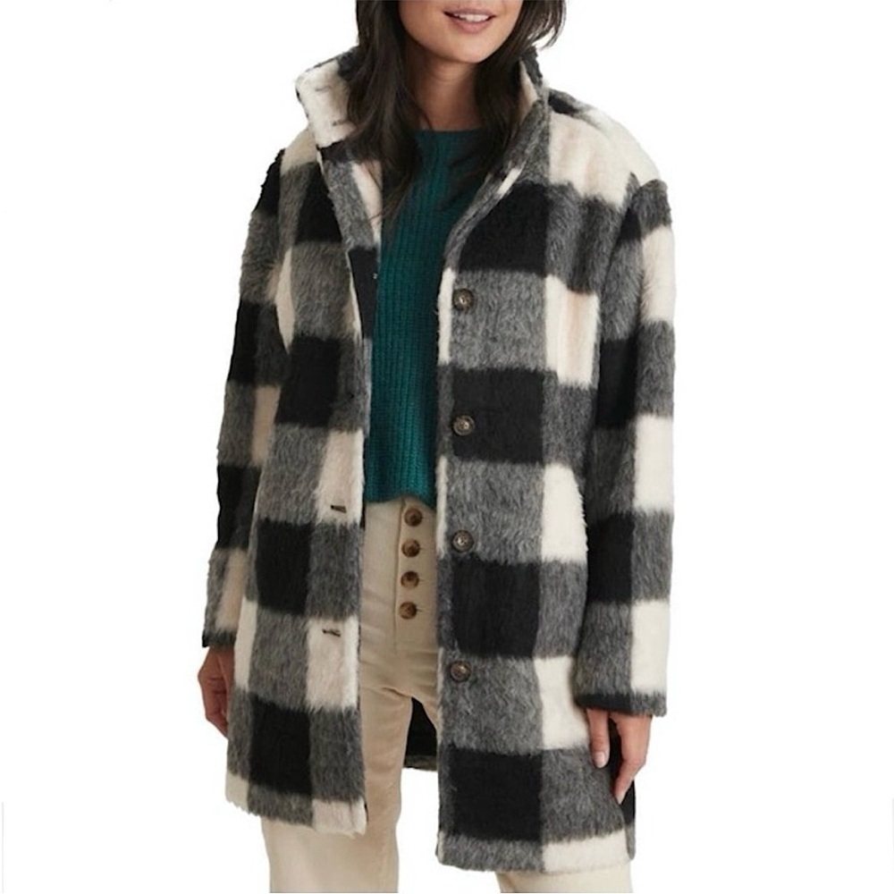 NWT MARINE LAYER Wool Blend‎ Plaid Check Button Up High Neck Long Cocoon Coat M